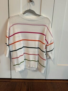 White Knit Sweater with Multicolor Stripe Detail